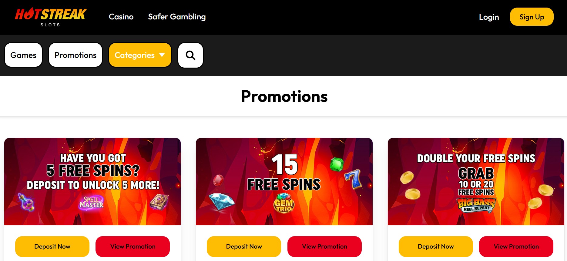 Hot Streak Casino promotions page with three offers on display including 5 free spins, 15 free spins and grab 10 or 20 free spins