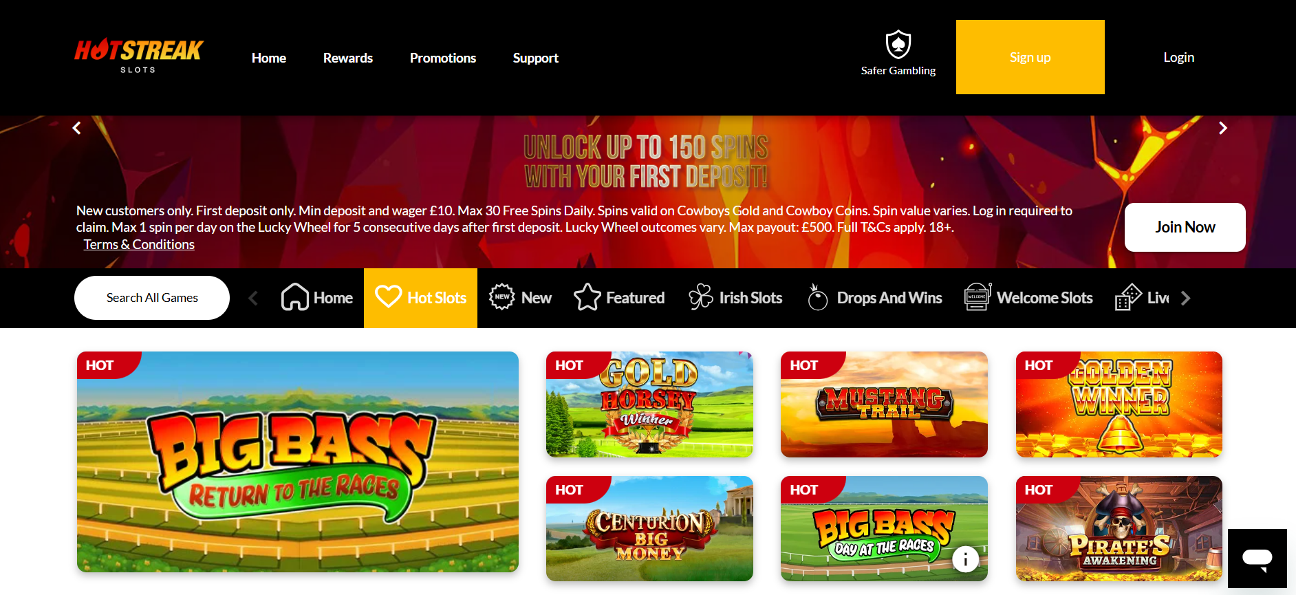 A variety of slot games including Big Bass, Gold Horsey, and Mustang Trail with welcome bonus offer on display at the Hot Streak casino website.