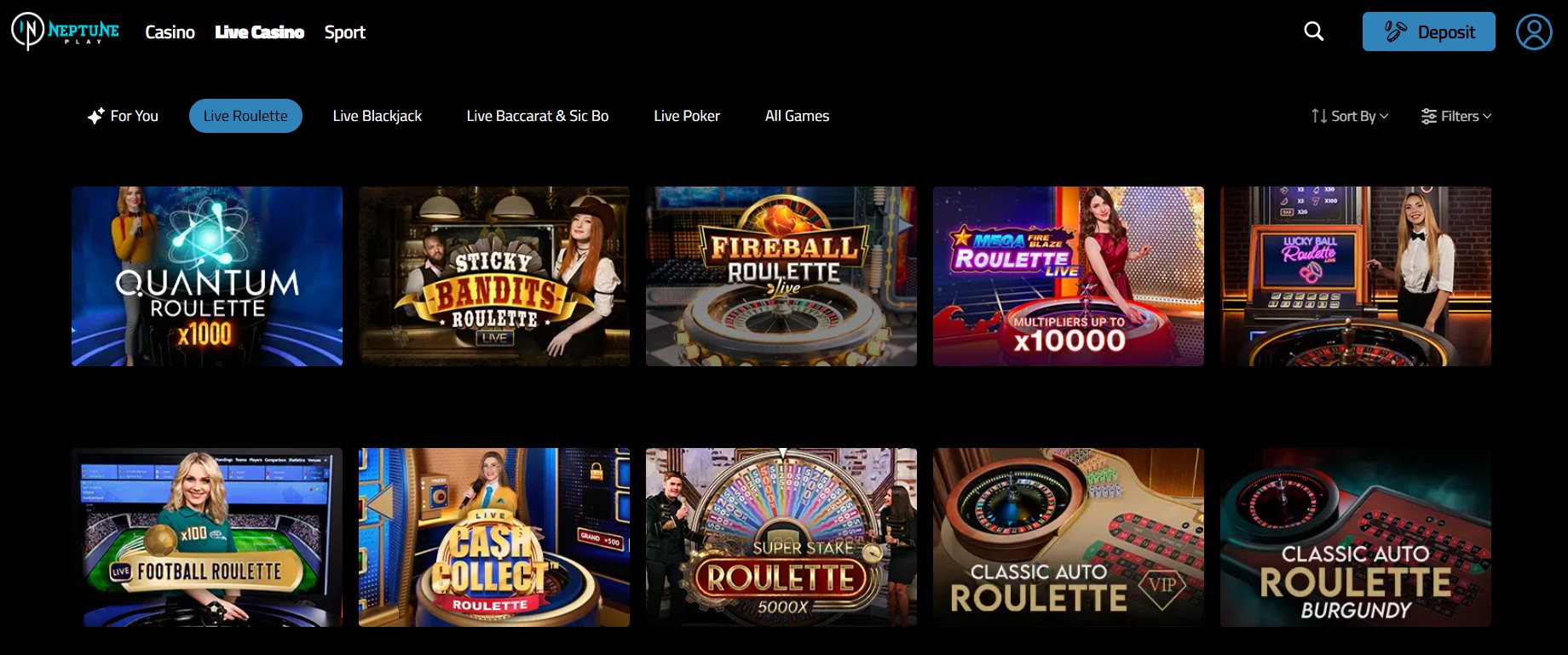 Neptune Play Live Games featuring roulette variants like Quantum Roulette, Mega Roulette, and Classic Auto Roulette.