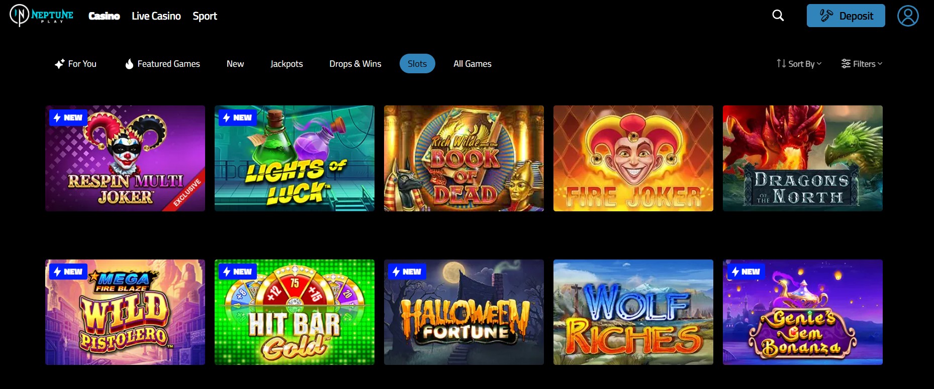 Neptune Play slots featuring popular titles like Book of Dead, Fire Joker, Wolf Riches, and more.