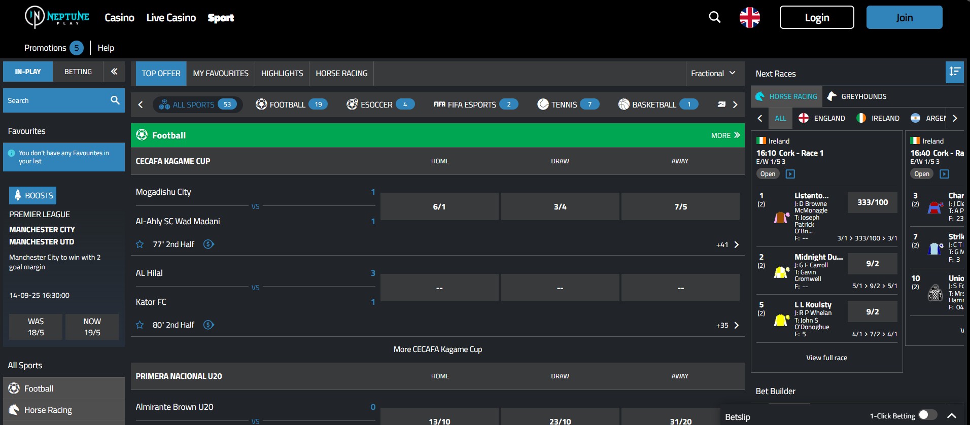 Neptune Play Sports Betting platform showing live football odds and horse racing markets.