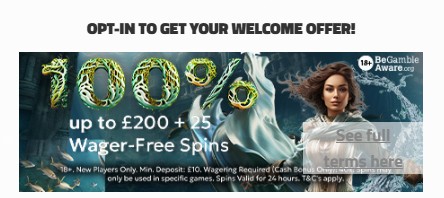 Neptune Play welcome offer showing 100% up to £200 + 25 wager-free spins